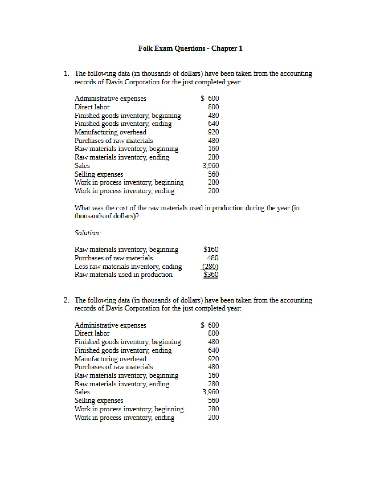 Exam on Chapter One (Folk)