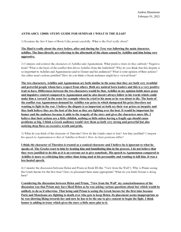What is the Iliad Study Guide for Seminar 1