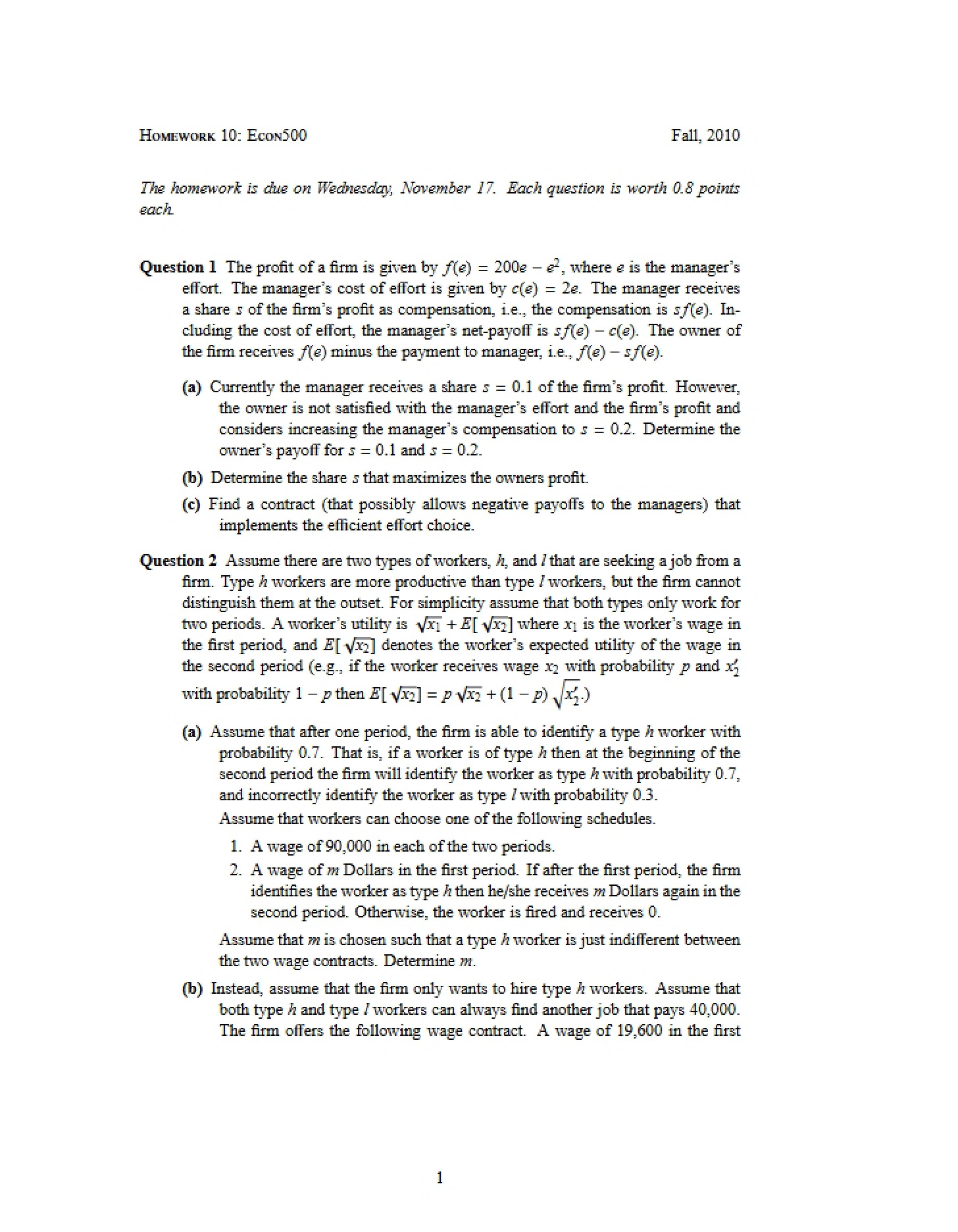Homework 10 (Fall 2010)