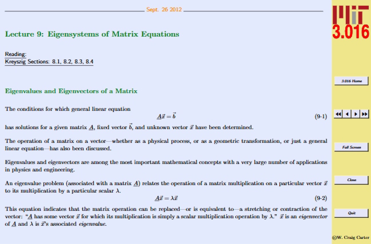 Ninth Lecture: Matrix Equation Eigensystems