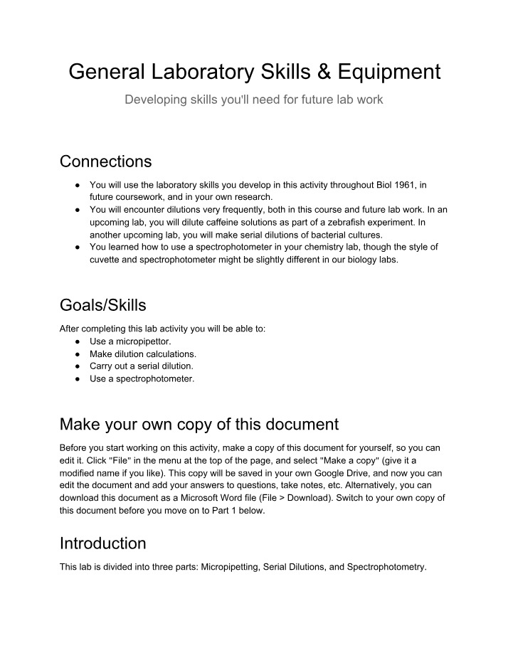 Lab Skills - Micropipetting, Dilutions, and Spectrophotometry