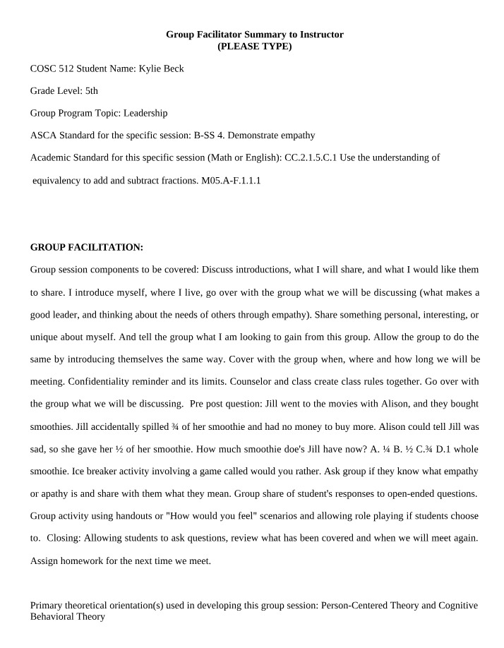 Instructor Summary for Group Facilitator