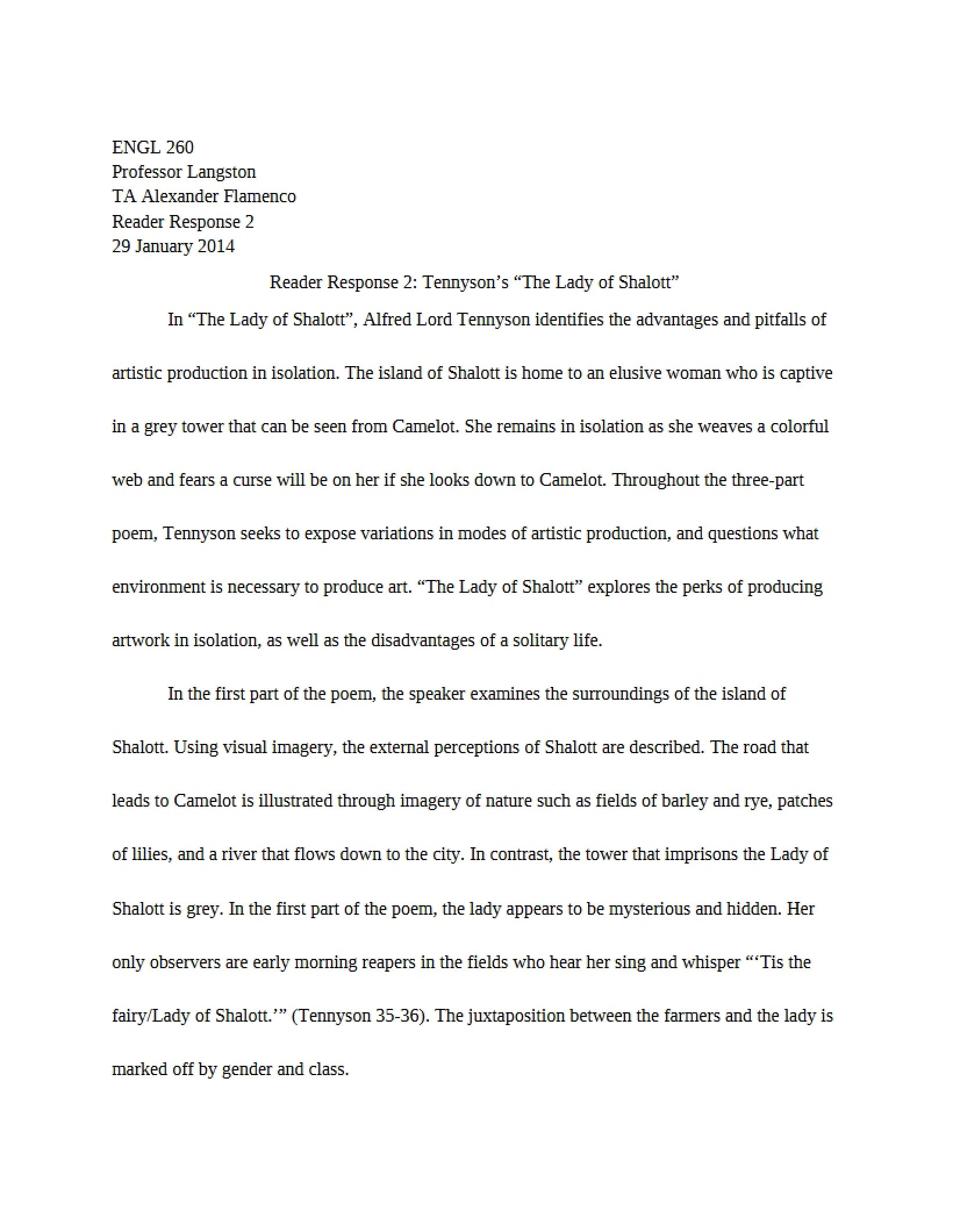 Tennyson's The Lady of Shalott Reader Response 2
