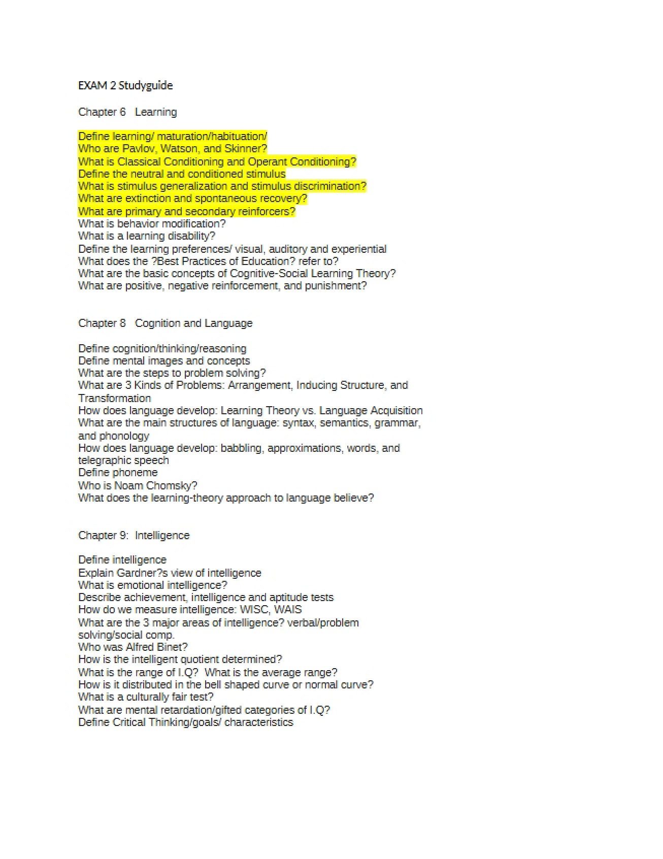 Second Exam Study Guide