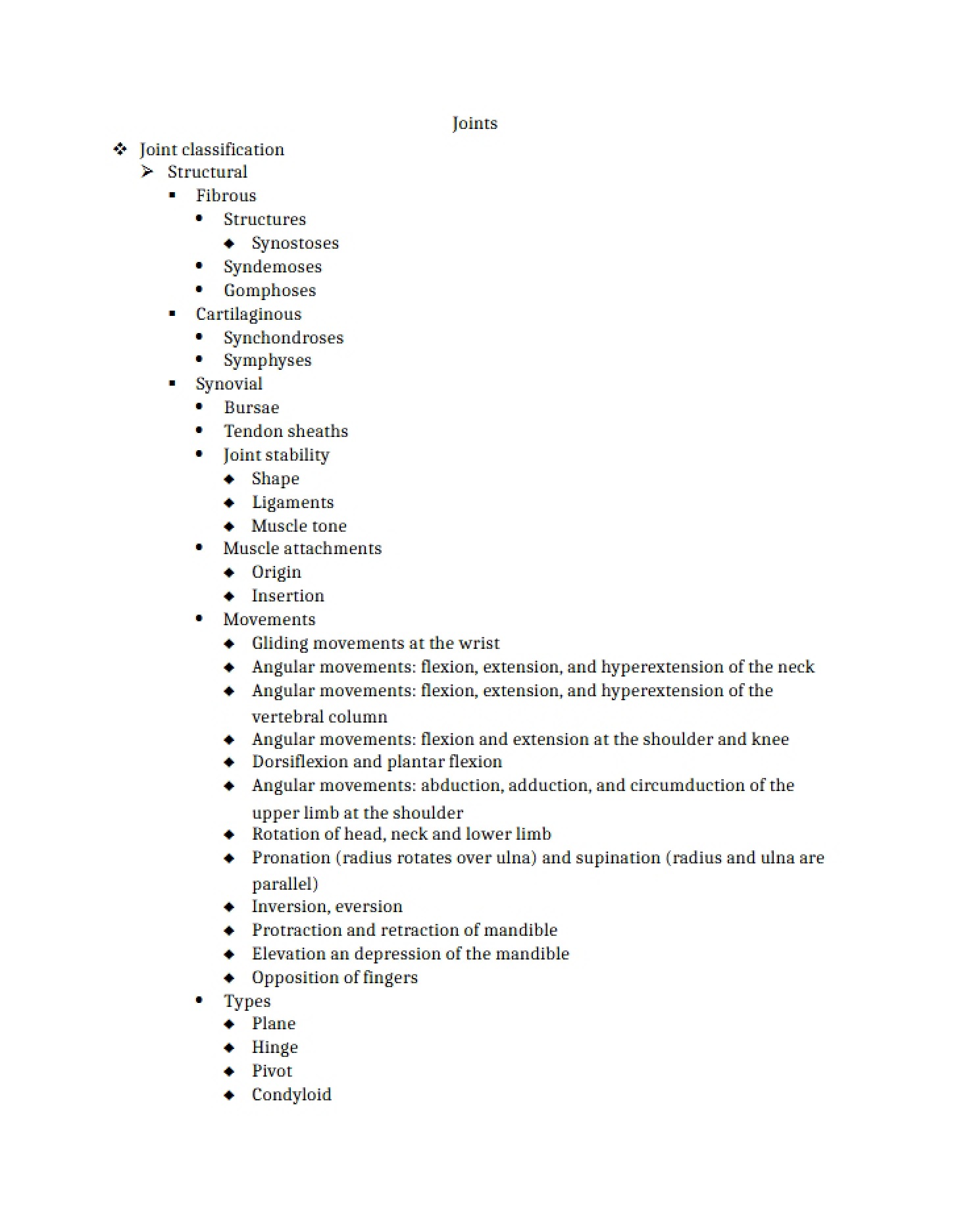 Notes Joints (Bio 243 Ch 8)