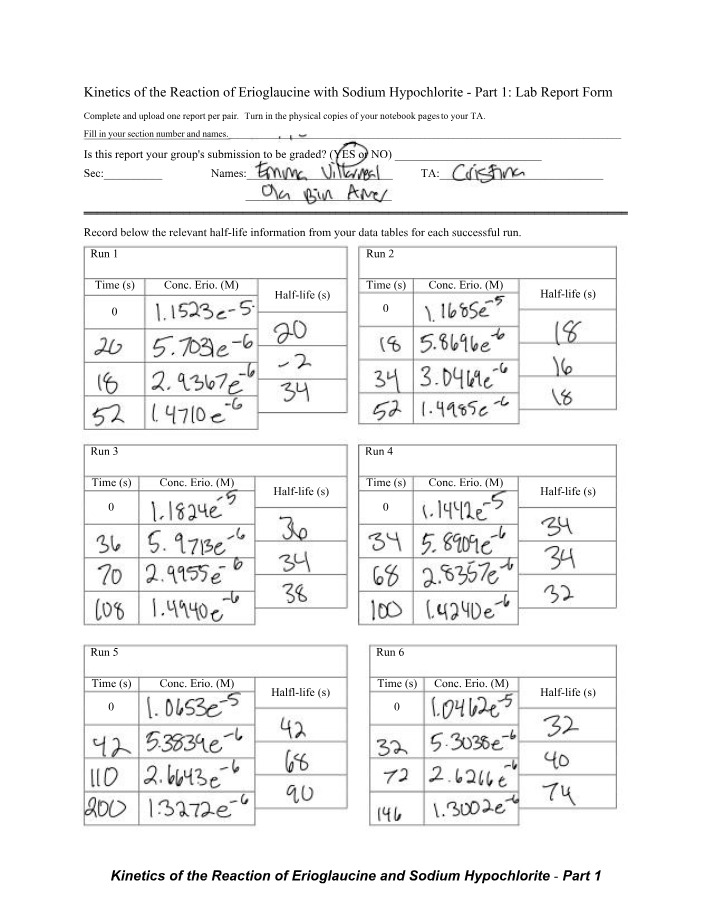 Reaction Lab - Kinetics of Erioglaucine and Sodium Hypochlorite