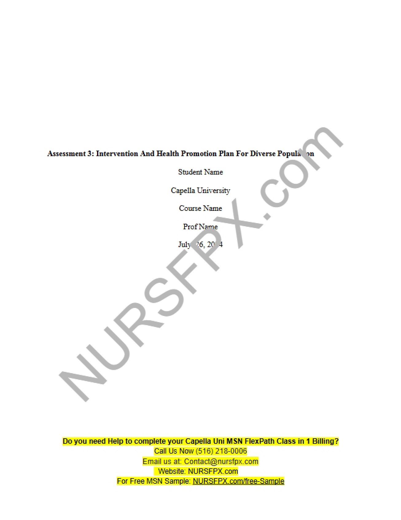 Health Promotion Plan and Intervention for Diverse Populations (Assessment 3)