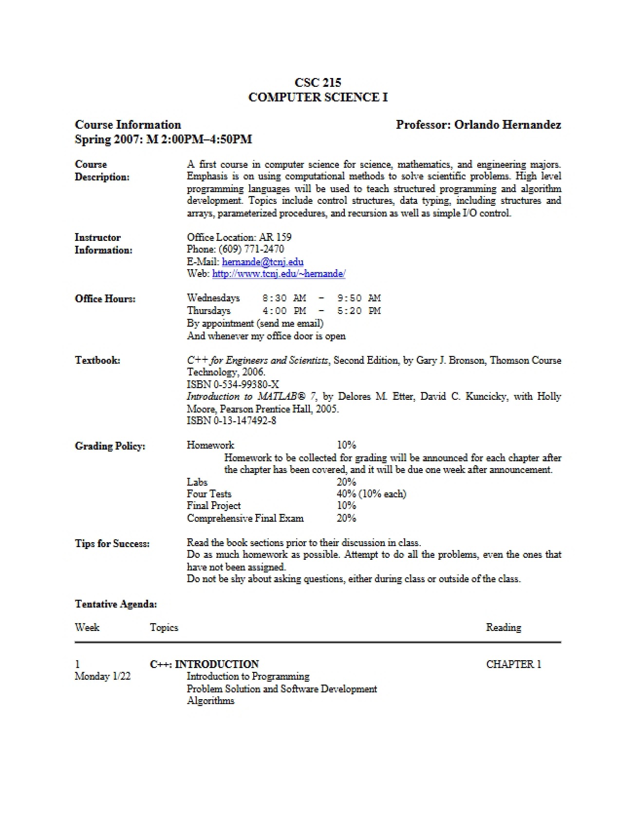 CSC 215 Syllabus - 4 Pages