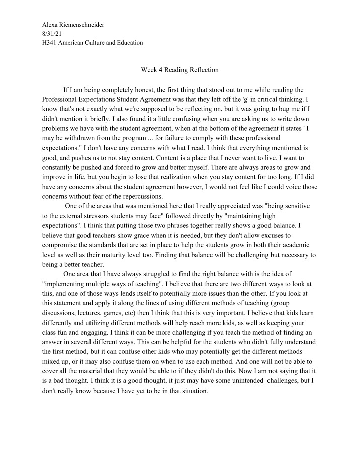 American Culture and Education Reflections Summary