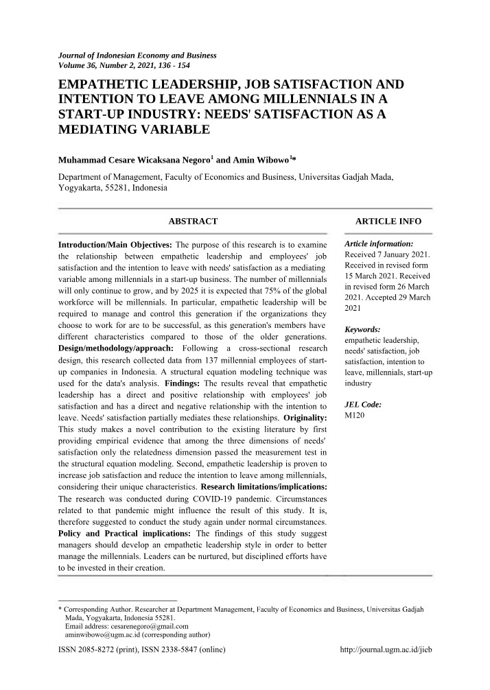 Empathetic Leadership and Job Satisfaction in Start-Ups - Needs' Satisfaction as a Mediator