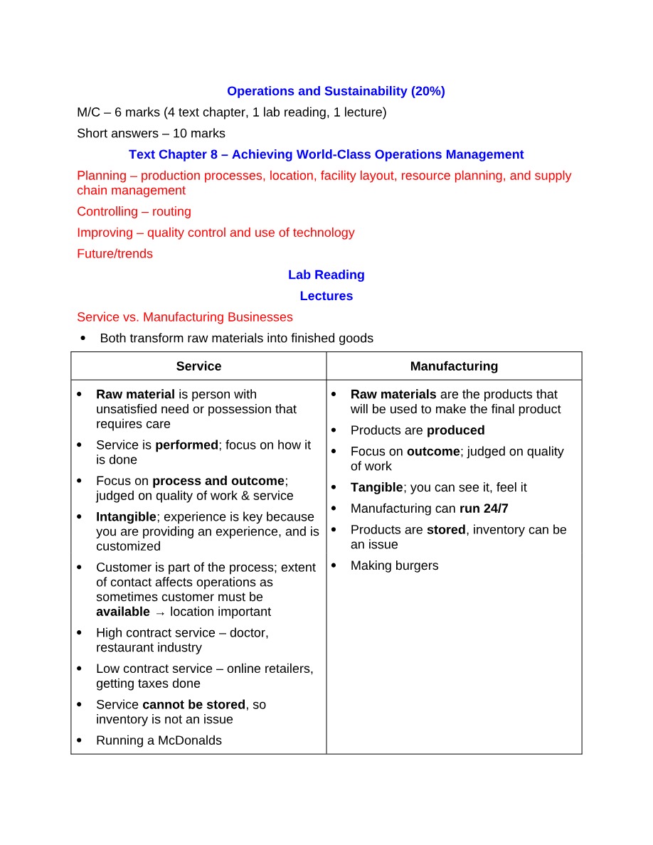 Lecture Notes - Operations and Sustainability