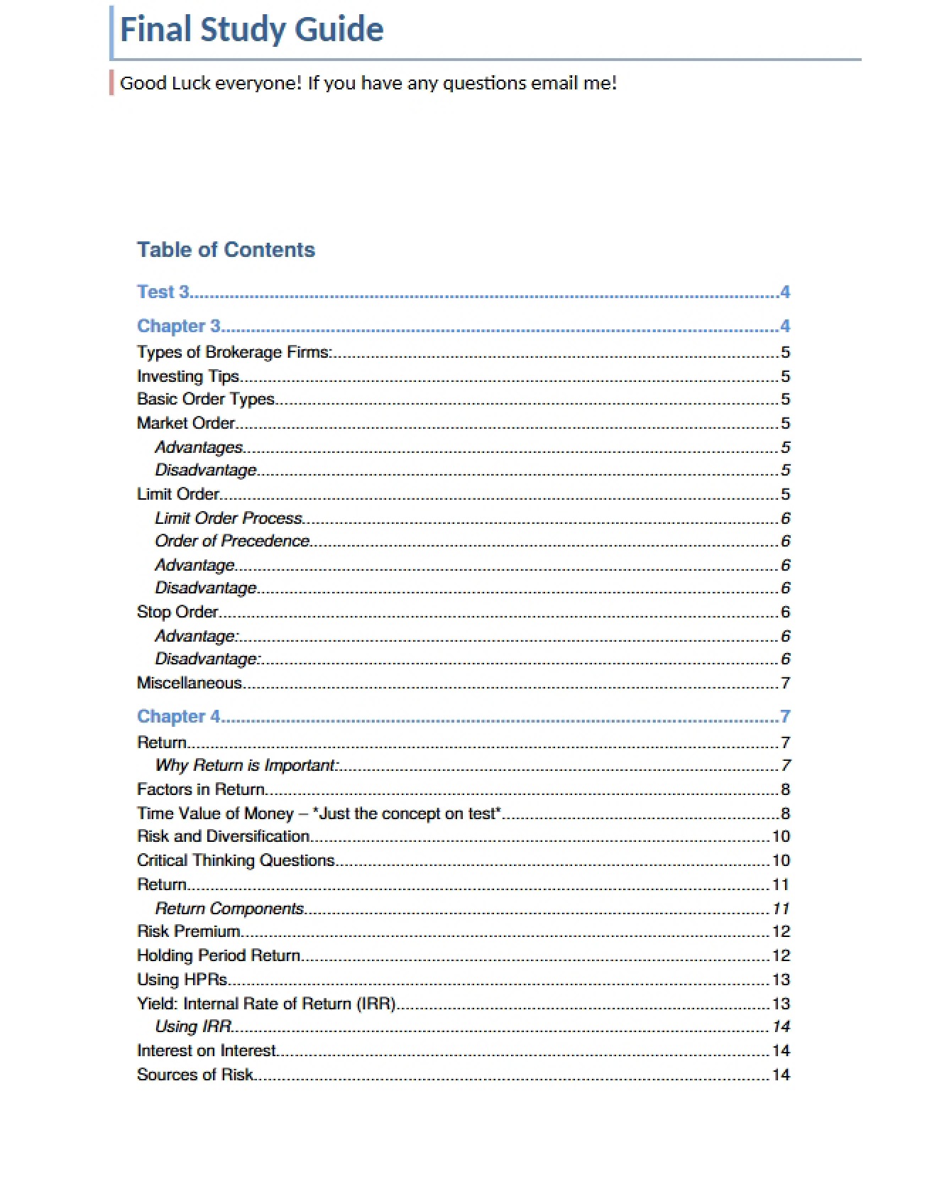 Final Examination Study Guide for Finance
