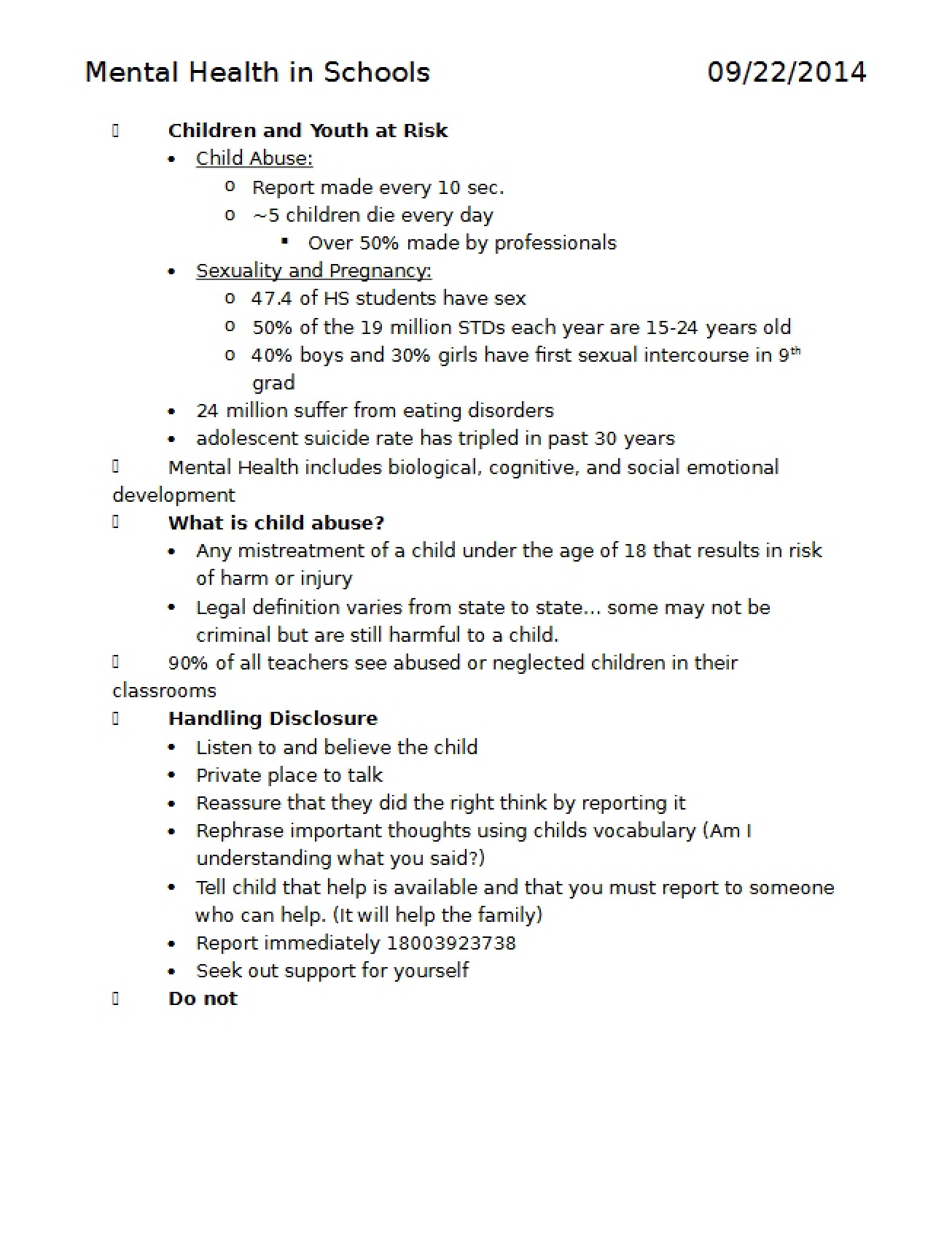 Notes on Mental Health in Schools