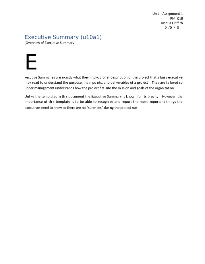 Project Management Plan - Executive Summary