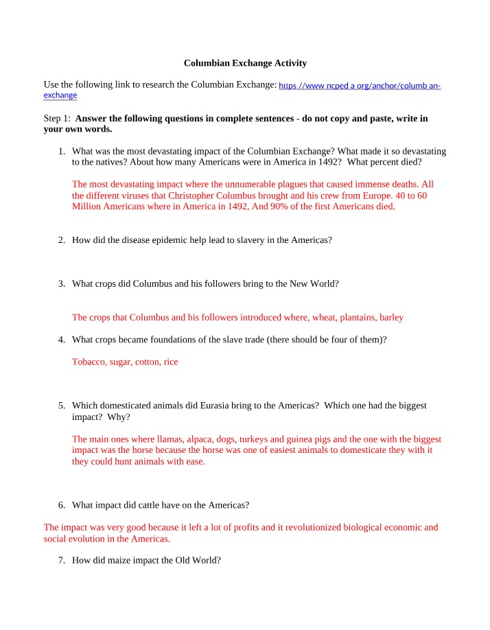 Activity on the Columbian Exchange