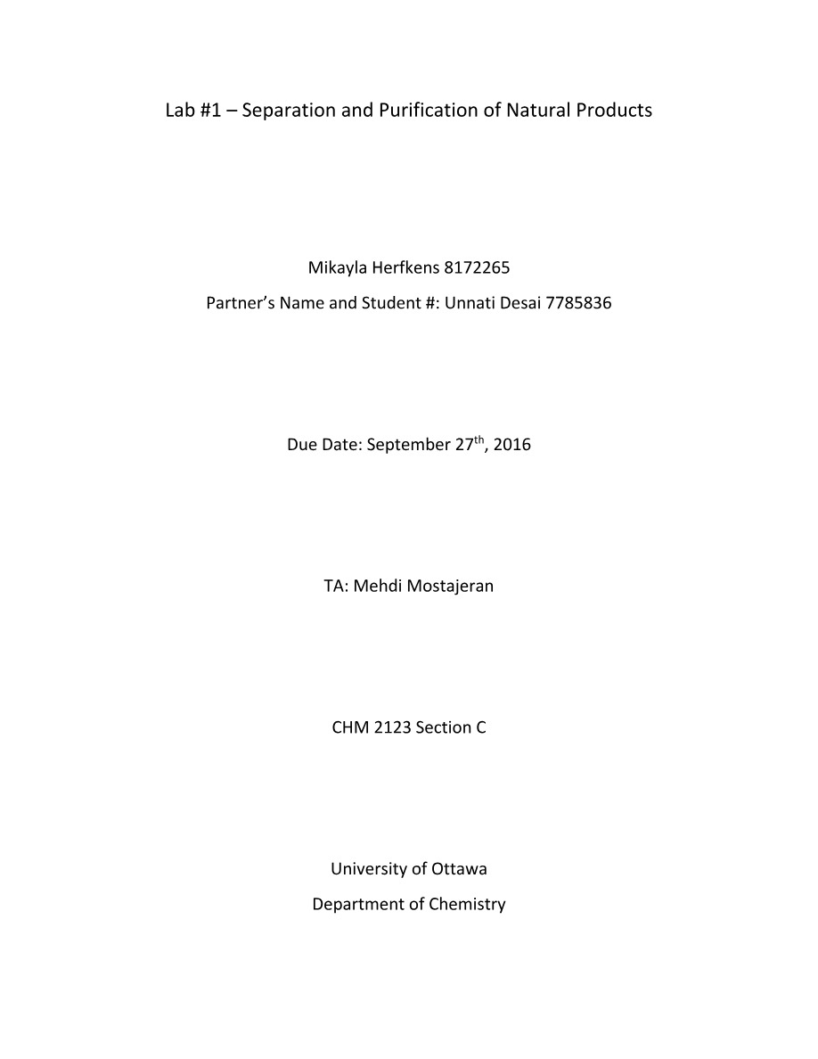 Lab 1 Separation and Purification of Natural Products Notes