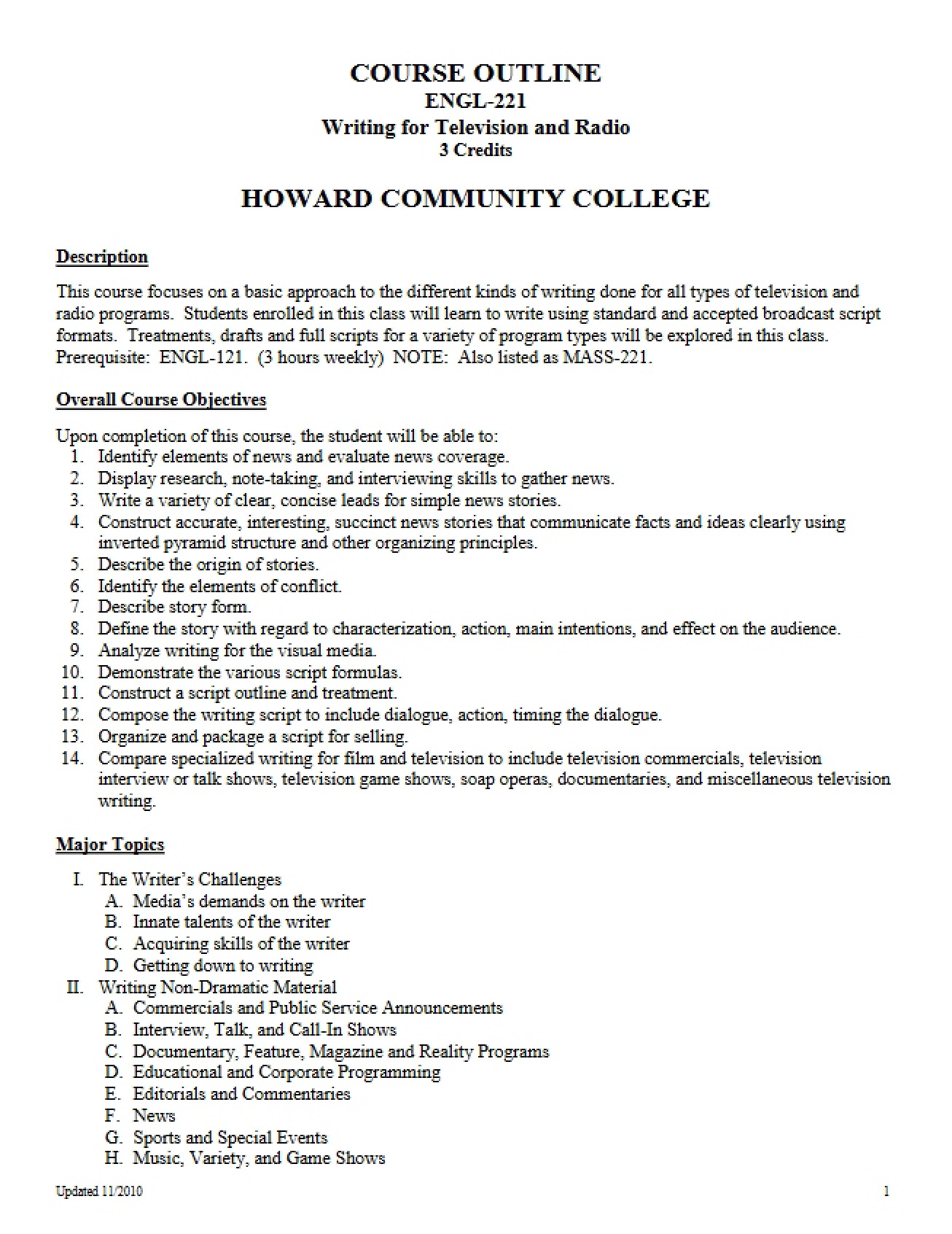 Radio and TV Writing Outline
