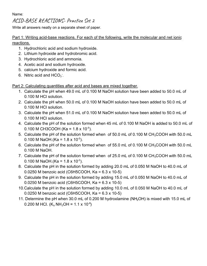 Practice Set 2 - Acid-Base Reactions