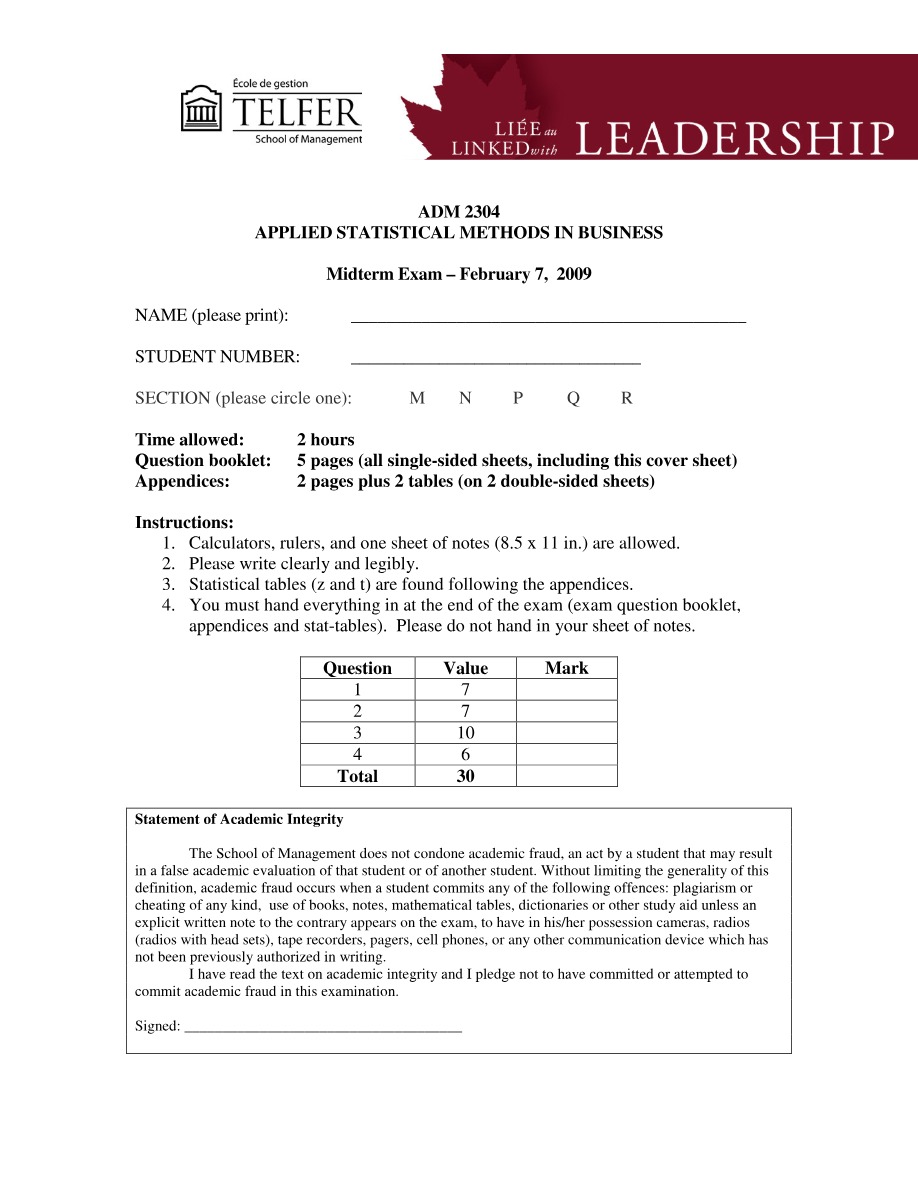 Midterm Exam for ADM 2304 Applied Statistical Methods in Business
