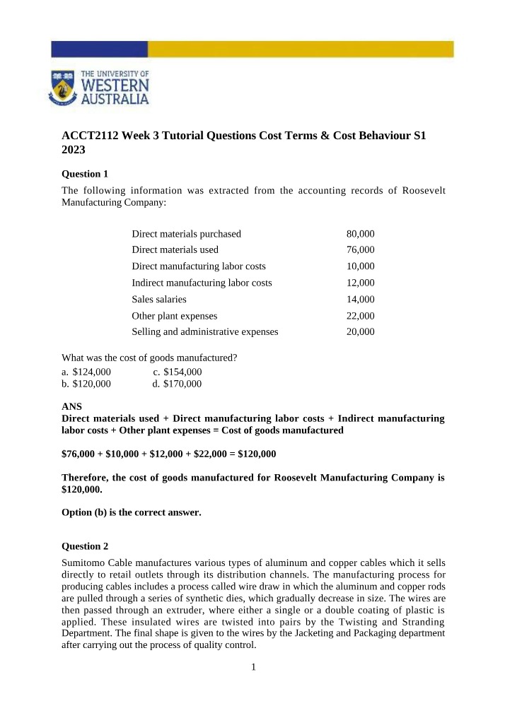 Cost Terms and Cost Behaviour Tutorial Questions - ACCT2112 Week 3 S1 2023