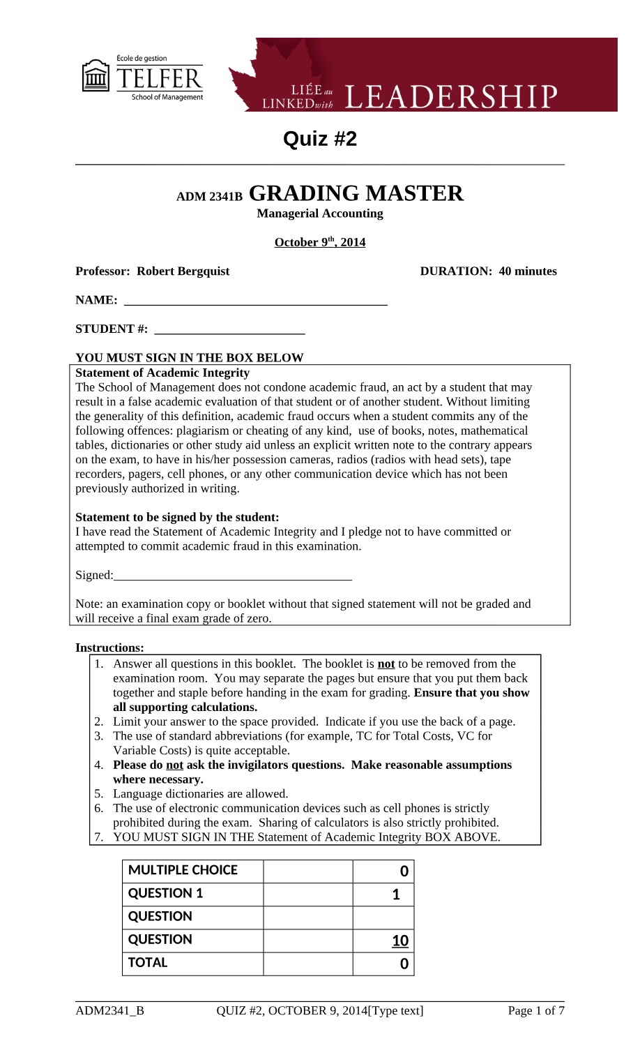 ADM2341B Quiz 2 October 9 2014 Section A