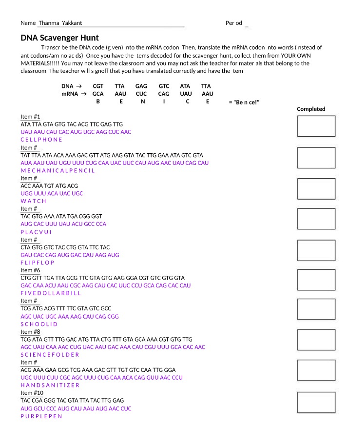 DNA Mutations Activity - Scavenger Hunt