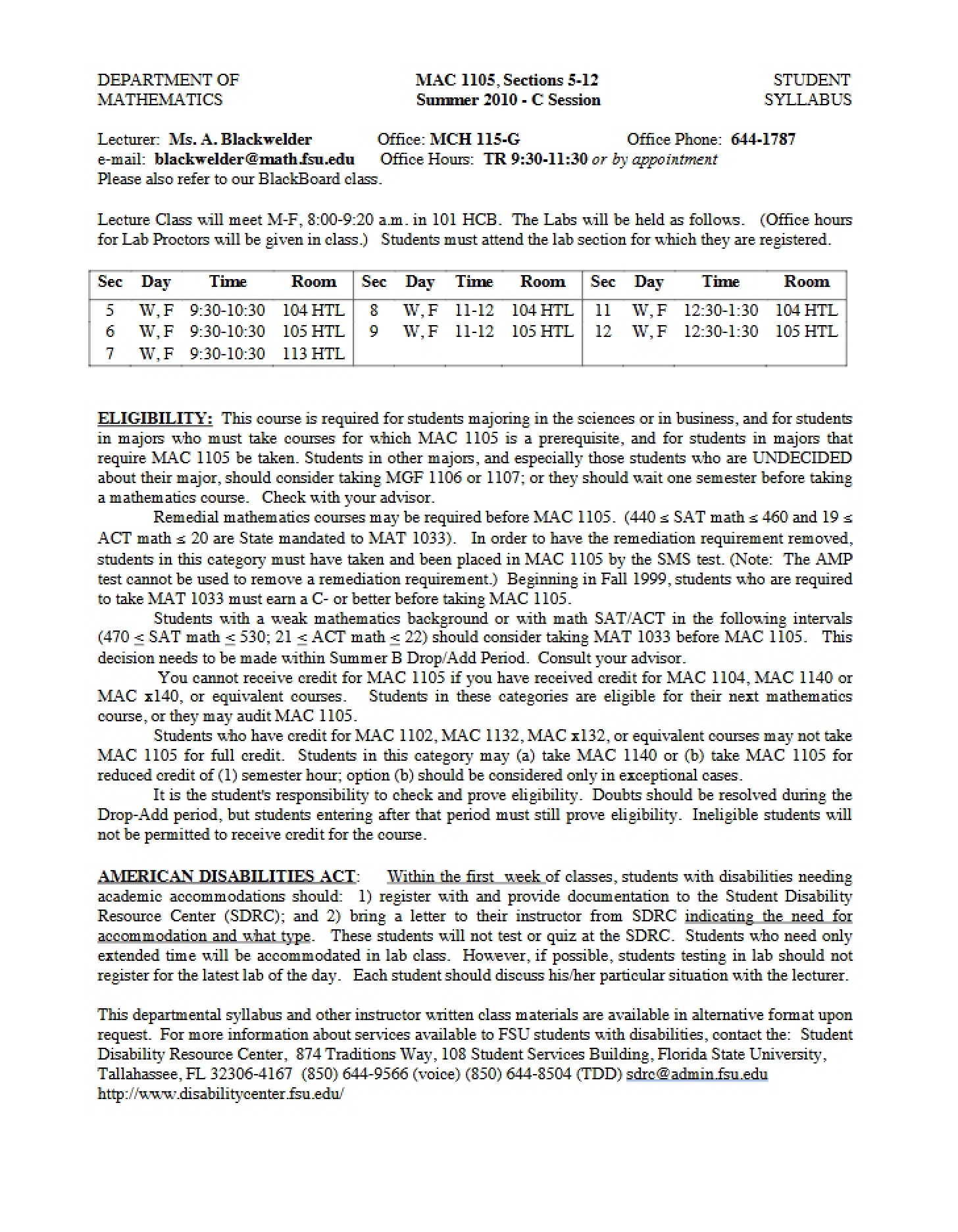 Curriculum for MAC 1105 College Algebra