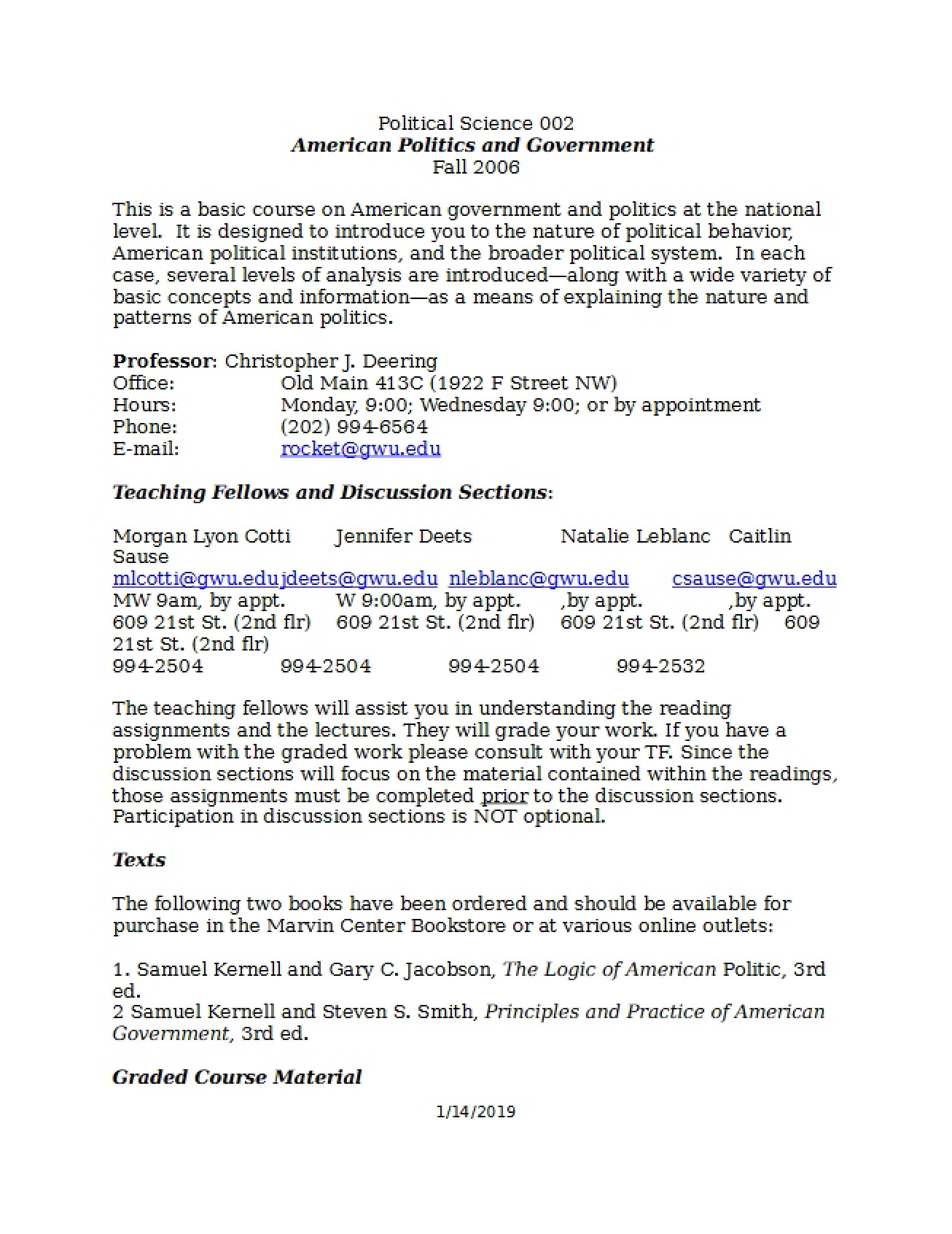 Course Syllabus Introduction to American Politics and Government