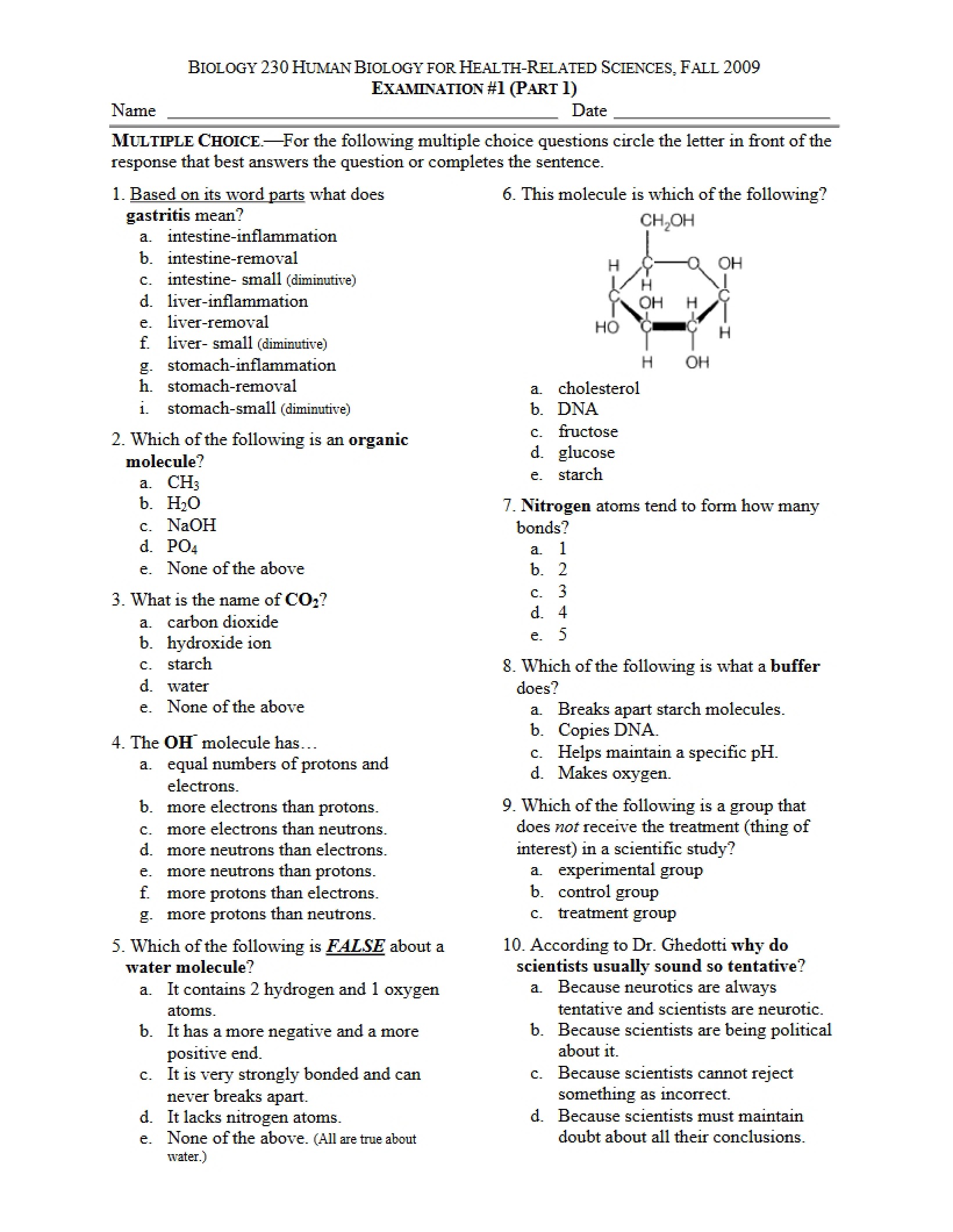 Examination for Human Biology - Human Biology for Health-Related Sciences