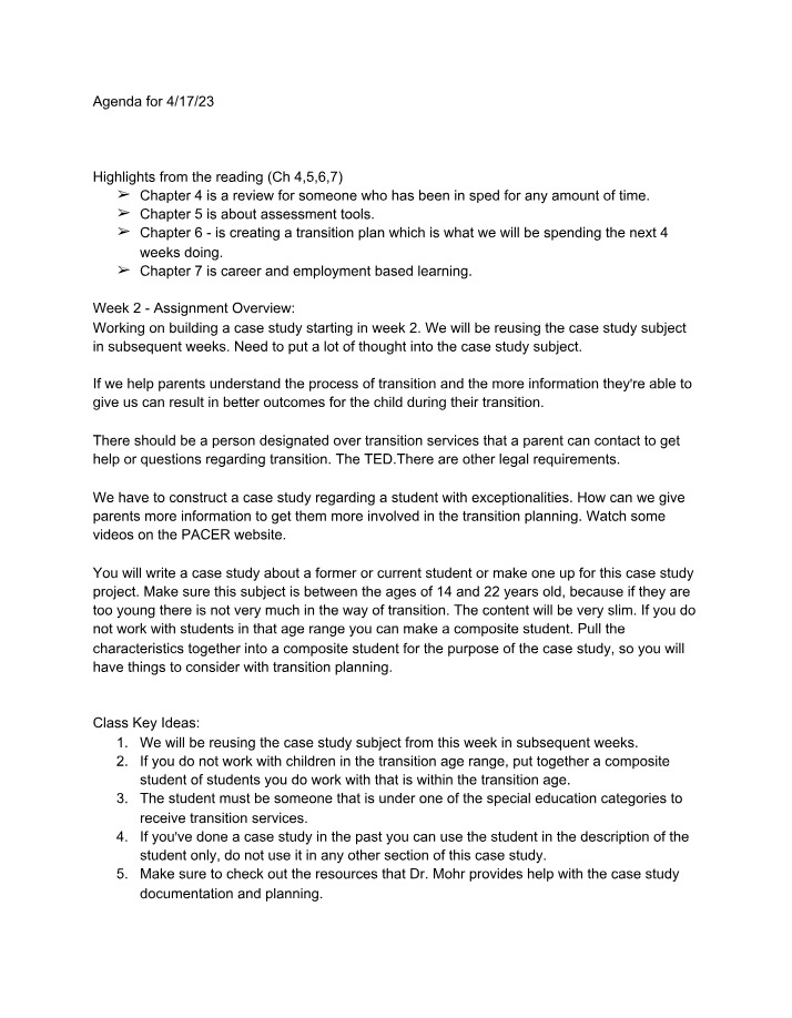 Effective Transition Planning for Students with Exceptionalities - Case Study