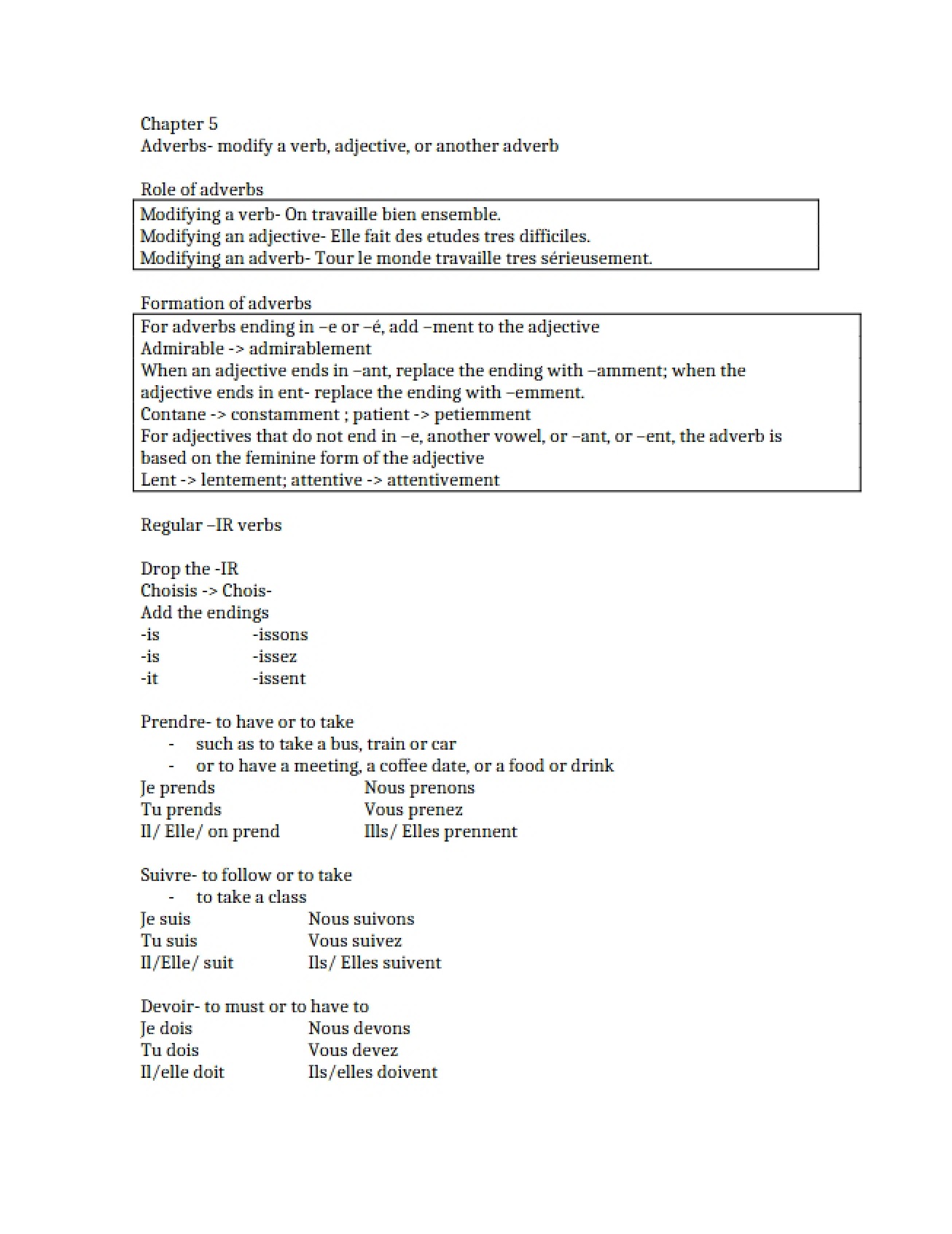 Use of Adverbs in French Chapter Five