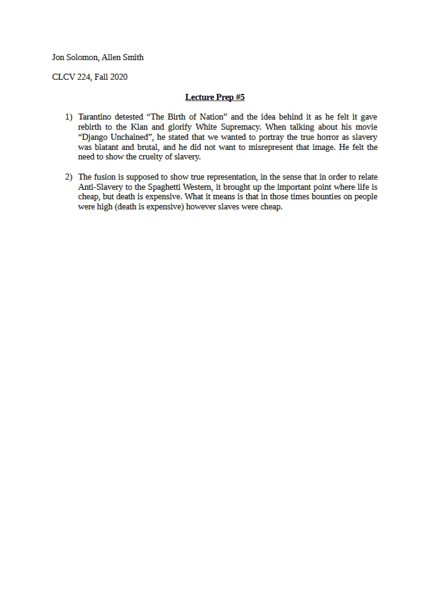 Preparation for Fifth Lecture