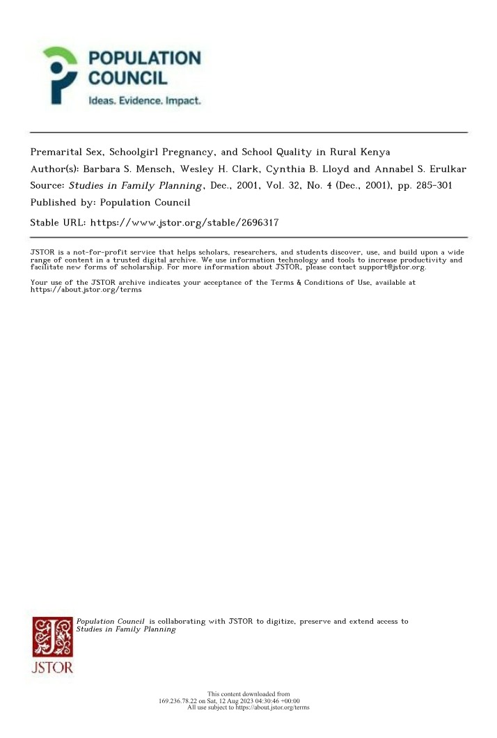 Premarital Sex, Pregnancy, and School Quality in Rural Kenya
