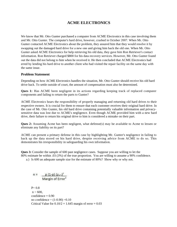 Negligence Case Study - ACME Electronics