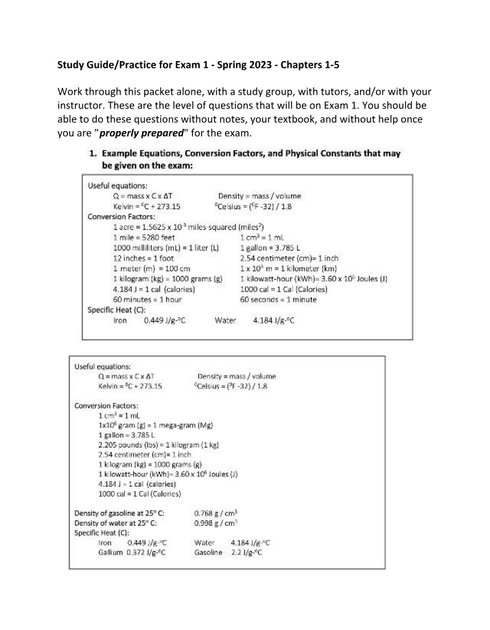 Study Guide - Exam 1 Practice Questions, Equations, and Periodic