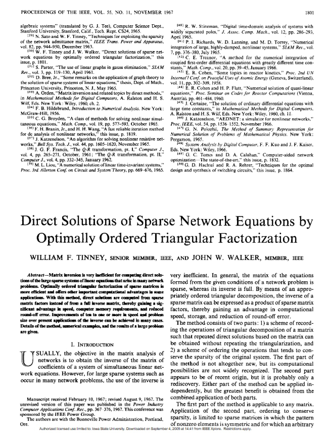 Direct Solutions for Sparse Network Equations