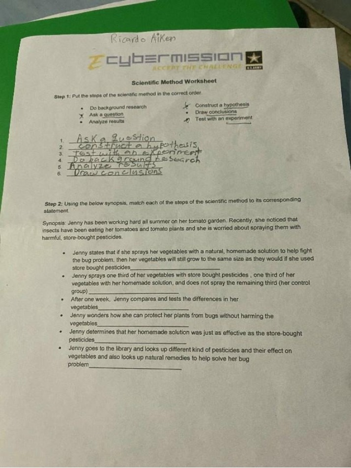 Worksheet for Scientific Method