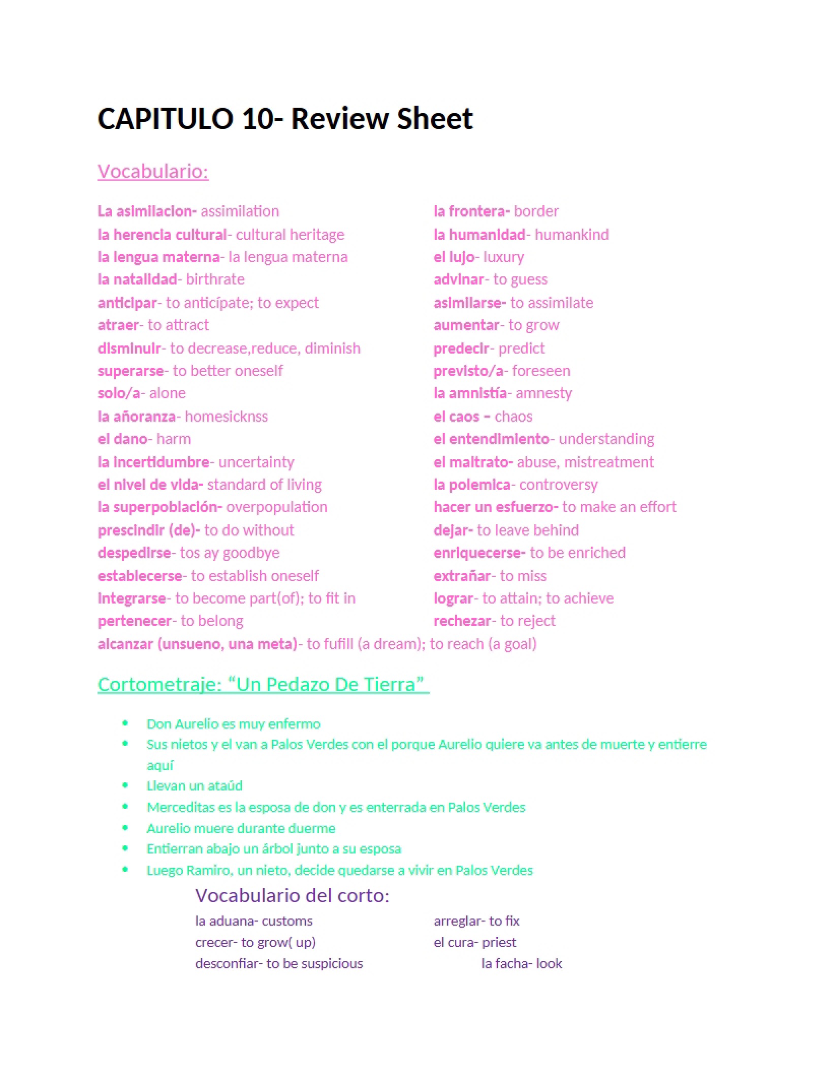 Review Sheet for Chapter 10