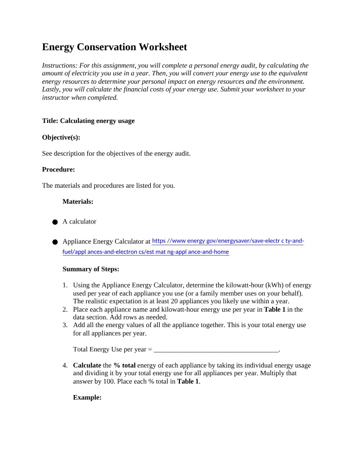 Worksheet on Energy Conservation