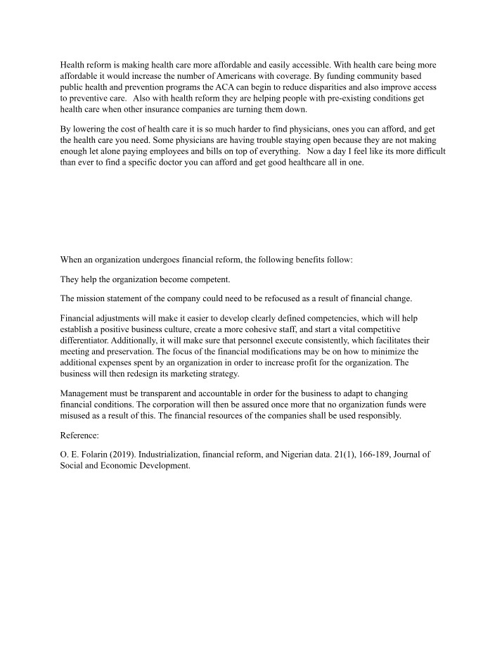 Financial Management Analysis in Healthcare Reform