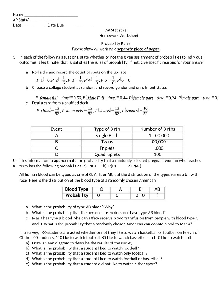 Probability Rules Worksheet - 5.2 Homework
