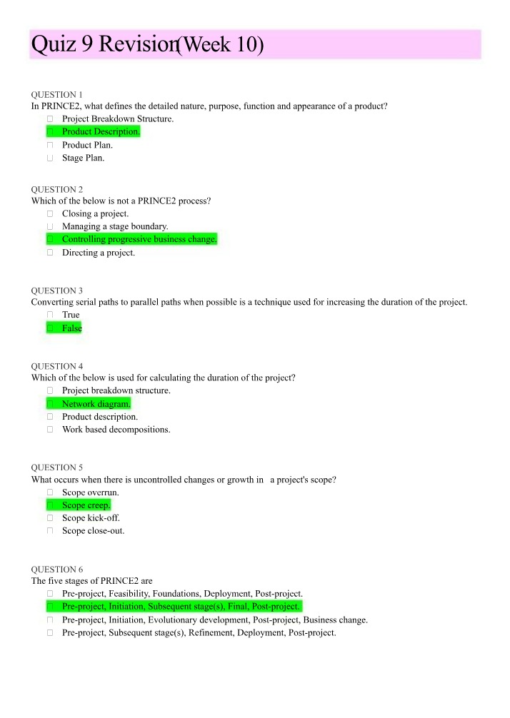 PRINCE2 Quiz 9 Revision - Project Management