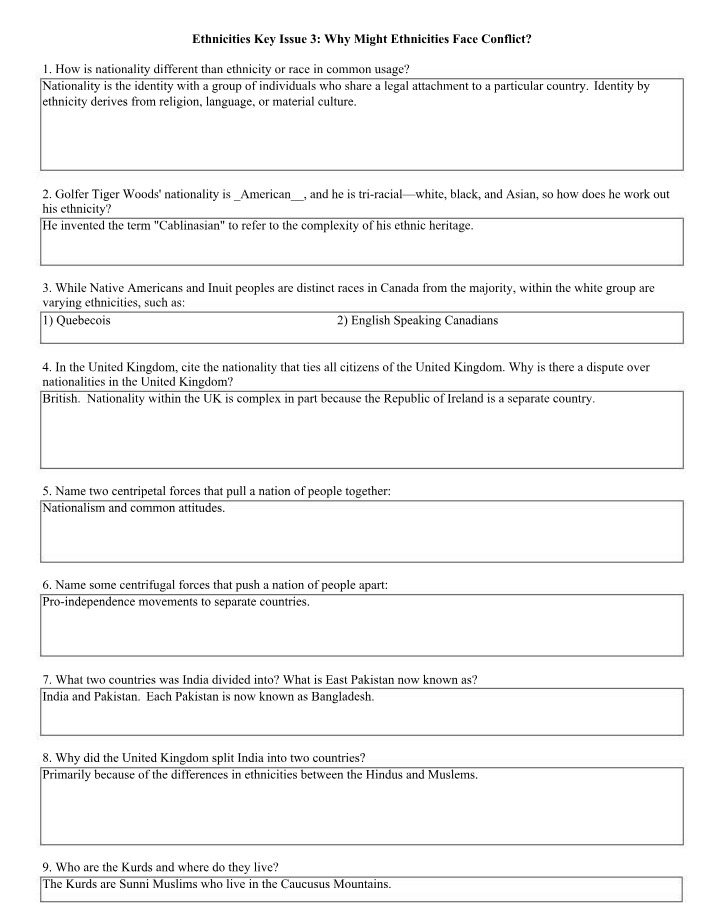 Questions and Answers for Ethnicities Key Issue 3