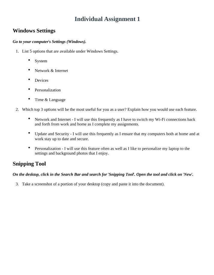Windows Settings - System and Network Options