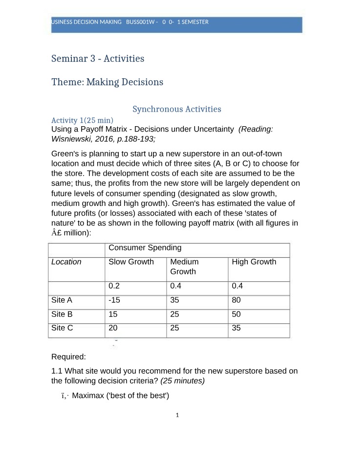 Business Decision Making - Revision Questions and Activities