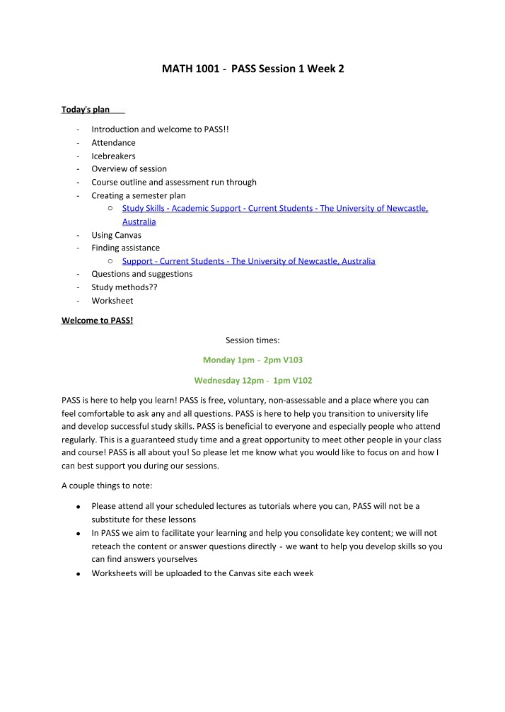 MATH1001 PASS Session 1 - Week 2