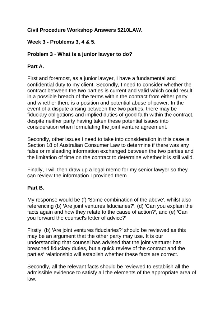 Civil Procedure Workshop - Week 3 Problems 3, 4 and 5