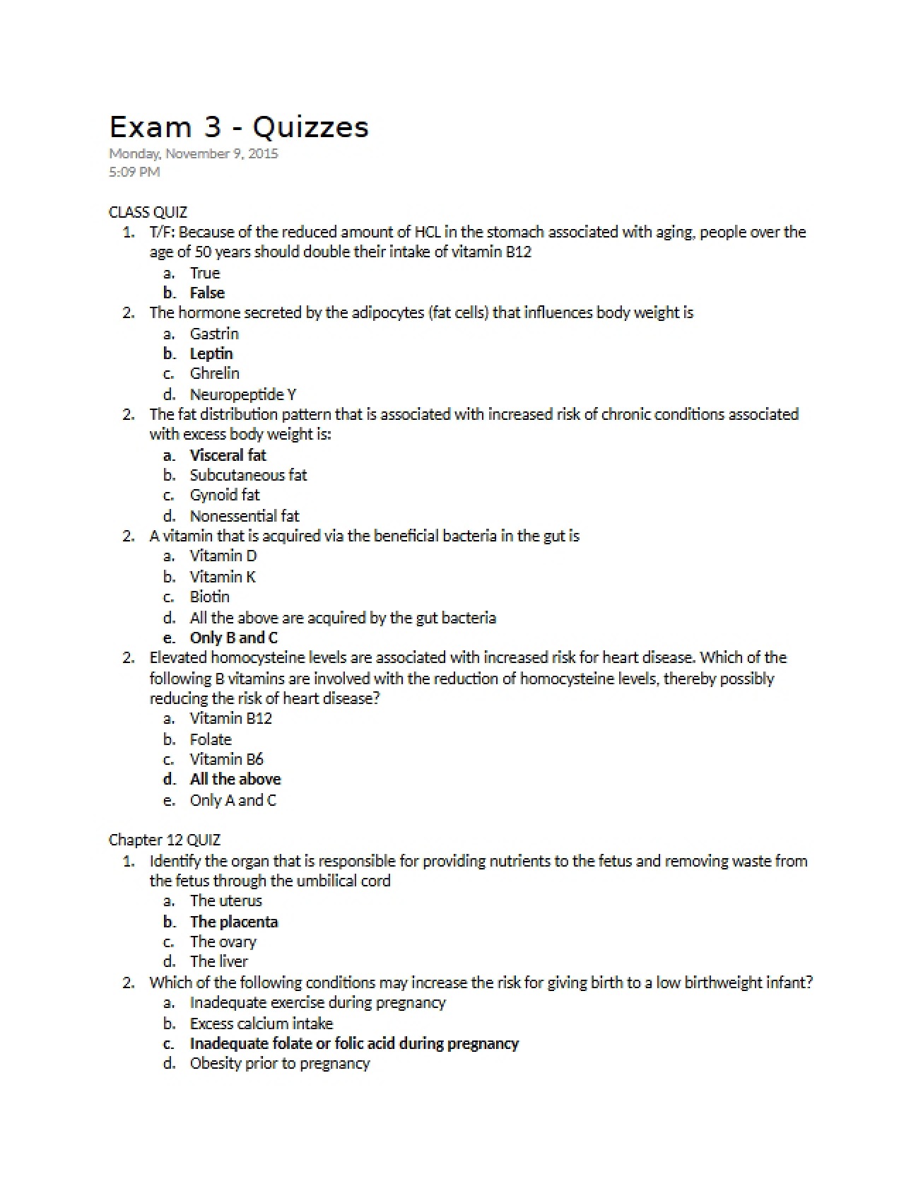 Quiz Preparations for Exam Three