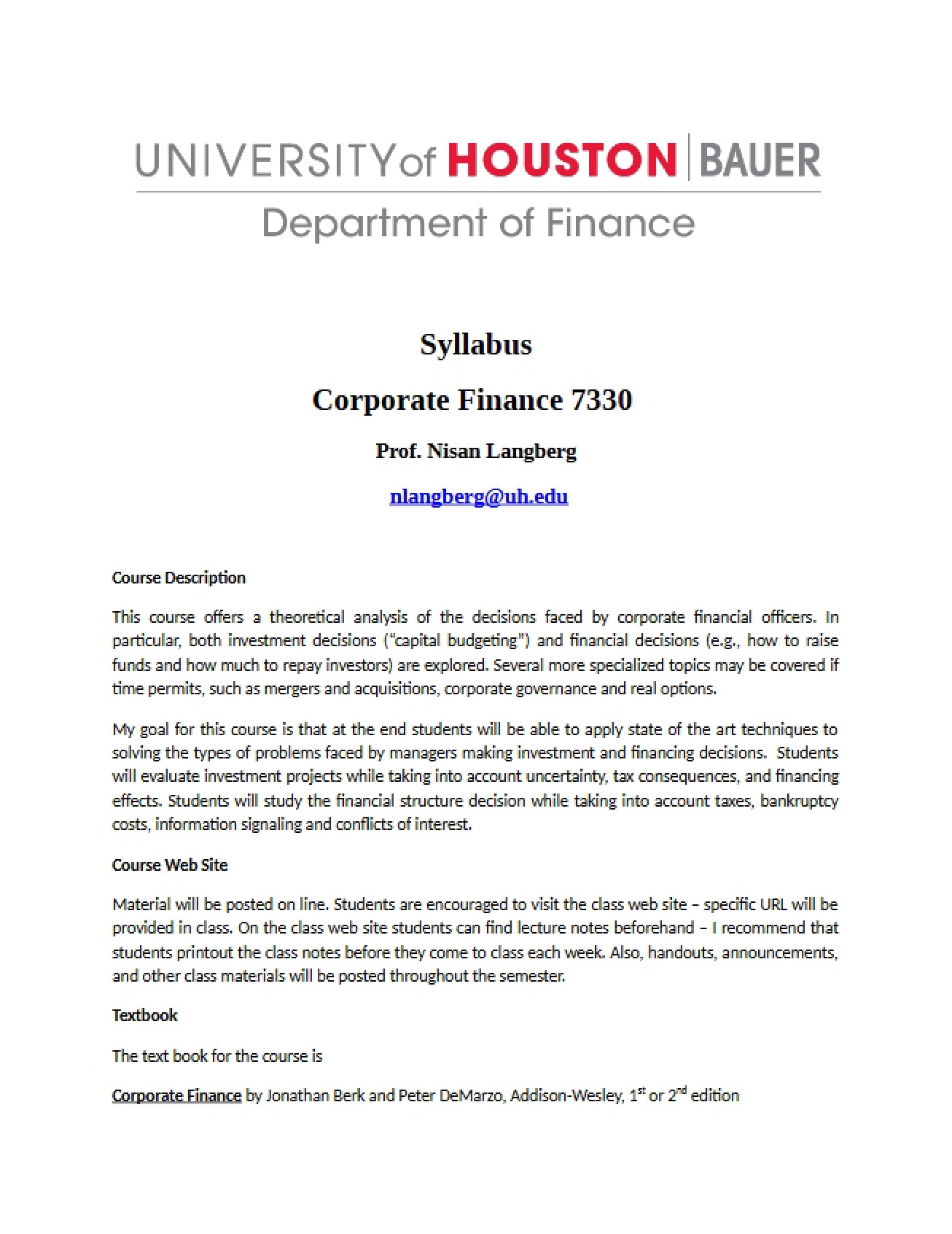 Course Syllabus (FINA 7330)