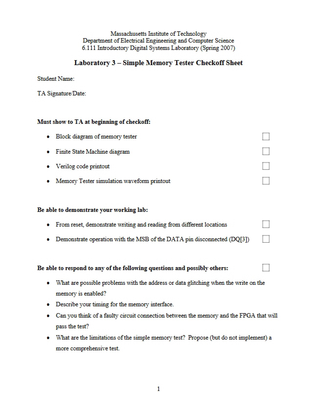 Tester for Simple Memory